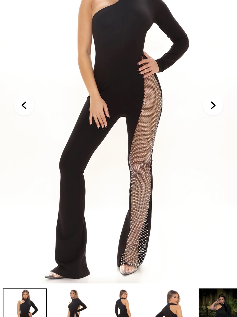 Fashion Nova One-Arm Black Jumpsuit with Mesh Rhinestone Side Panel